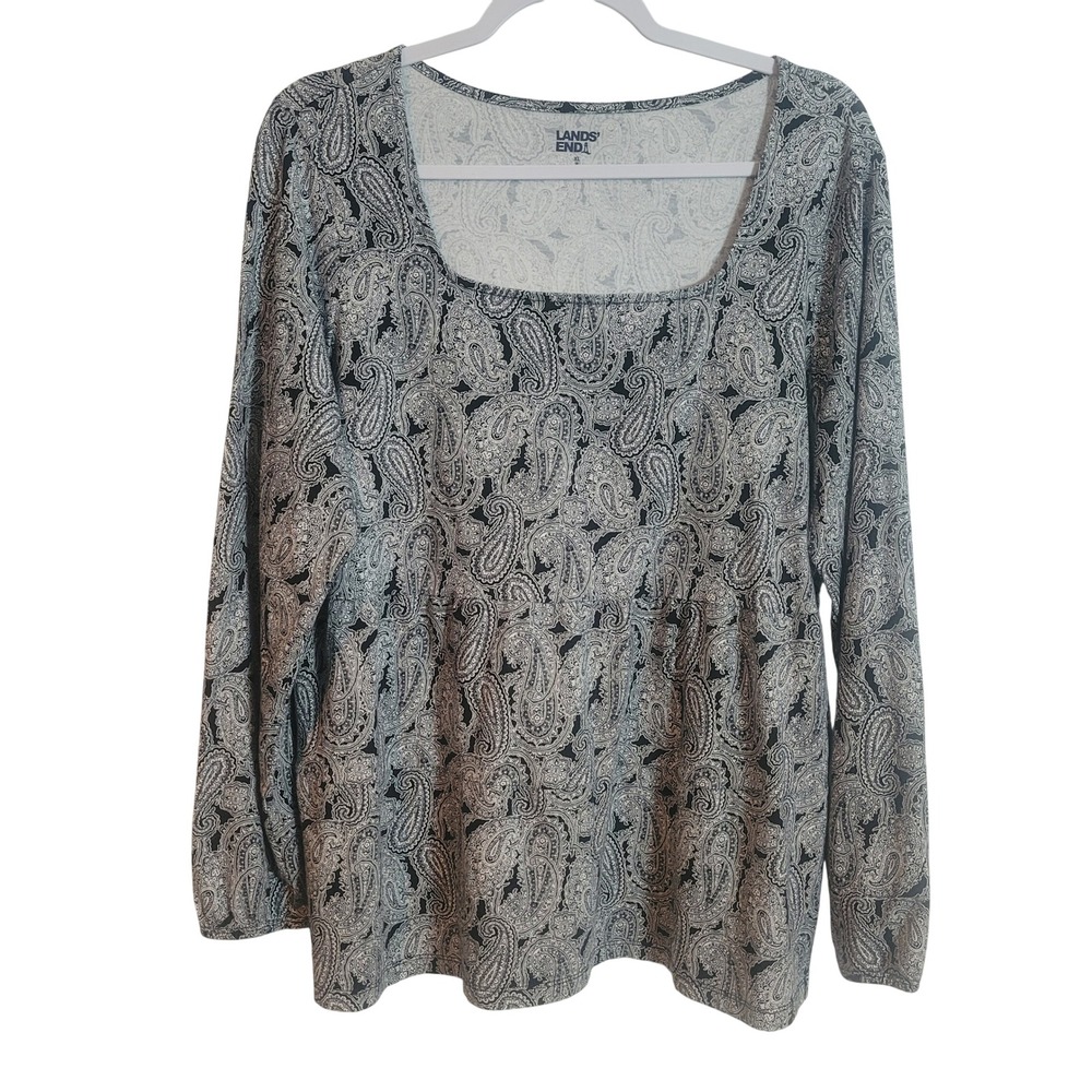 Lands End Womens XL 18 Black‎ White Paisley Square Neck Babydoll Top Long Sleeve
